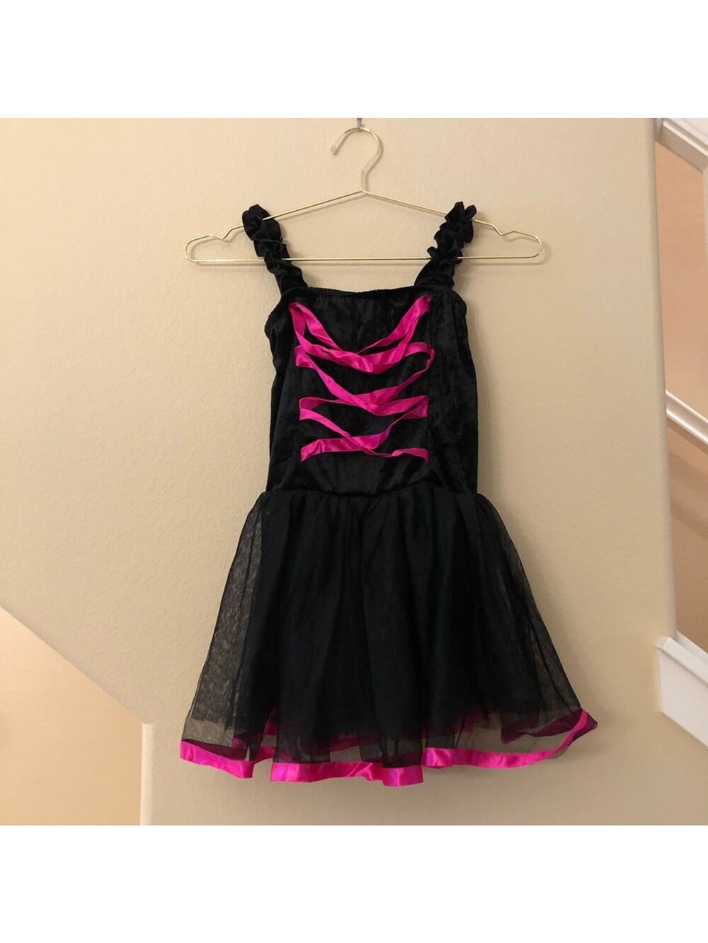 Rubie’s witch costume dress black crushed velvet pink ribbon trim *dress only*